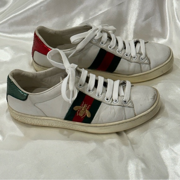 Gucci Ace Embroidered Sneakers White Leather Web Stripe Bee Green Red Size 5.5 - Picture 3 of 14